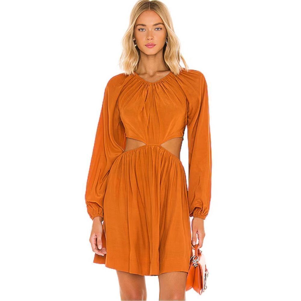 LPA REVOLVE Allard Mini Dress in Rust Ruched Satin Cut Out Voluminous XS